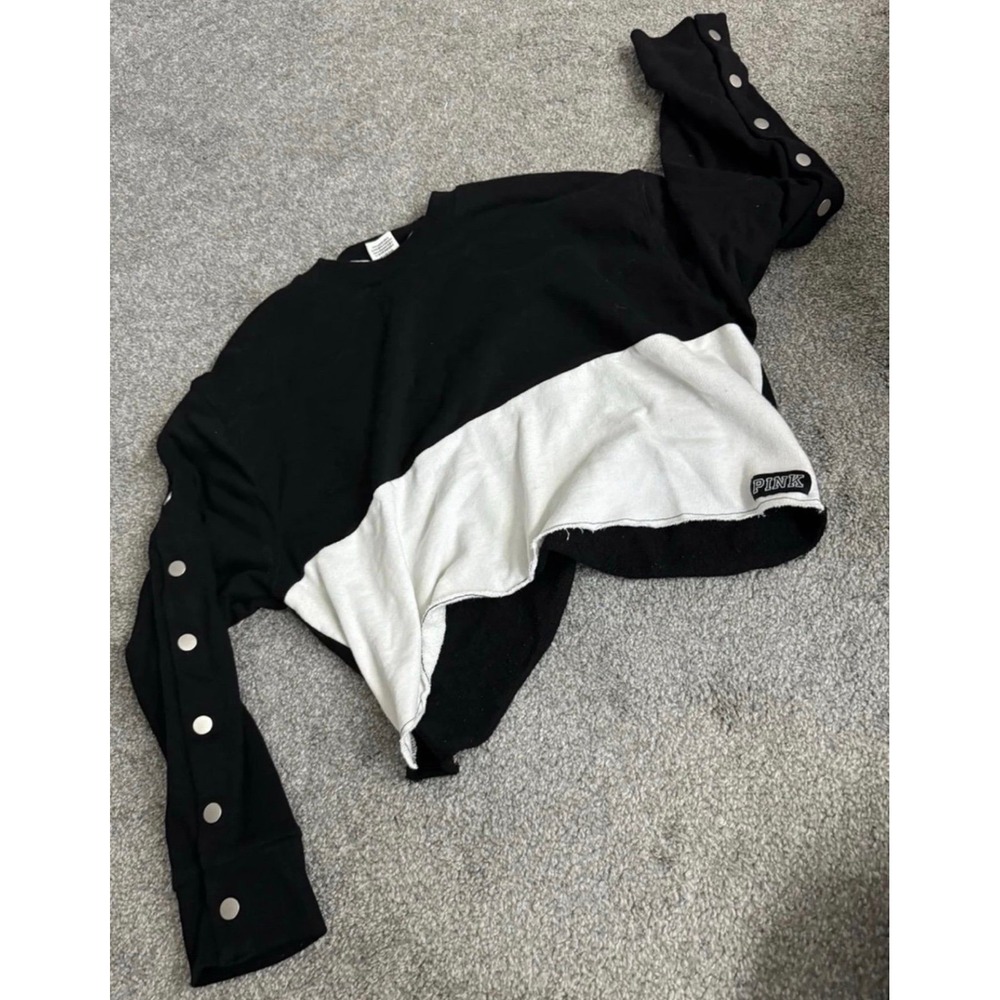 Victoria's Secret PINK Black White Colorblock Snap Sleeve Cropped Sweatshirt S